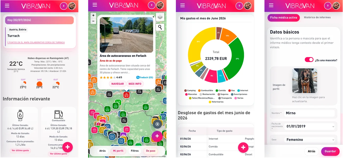 Pantallas de la aplicación VibraVan con ruta, mapa, gastos y ficha de mascota